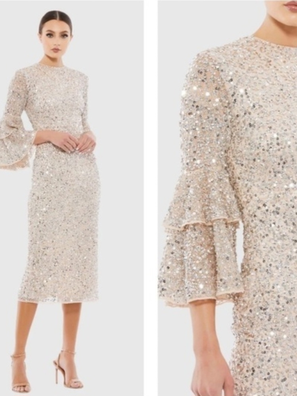 Mac Duggal Sequin Ivory Midi Dress with Tiered Ruffle Sleeves - Picture 4 of 5
